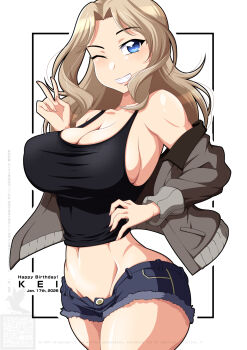 1girl black_tank_top blonde_hair blue_eyes breasts cleavage commentary_request cowboy_shot dated denim denim_shorts girls_und_panzer grey_jacket grin hair_intakes happy_birthday highres ichijou_takakiyo jacket kay_(girls_und_panzer) large_breasts long_hair looking_at_viewer micro_shorts off_shoulder one_eye_closed open_fly shorts smile solo tank_top v white_background