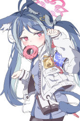 Rule 34 | 1girl, absurdres, animal ears, antenna hair, black pantyhose, blue archive, blush, cat ears, cat girl, cat tail, doughnut, food, fubuki (blue archive), hair ornament, halo, hat, heart, heart hair ornament, highres, holding doughnut, jacket, long hair, looking at viewer, mouth hold, natsukari na, pantyhose, pink halo, police, police hat, police uniform, policewoman, purple armband, red eyes, simple background, solo, tail, twintails, uniform, white background, white jacket