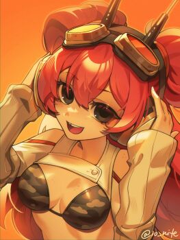 1girl :d arm_warmers bare_shoulders bikini body_freckles breast_freckles breasts brown_bikini brown_eyes camouflage camouflage_bikini cleavage clothing_cutout freckles goggles goggles_on_head hair_between_eyes hands_on_headphones headphones highres ion_(io_nite) long_hair long_sleeves looking_at_viewer medium_breasts missing_tooth open_mouth orange_background original radio_antenna red_hair shoulder_cutout shoulder_freckles shrug_(clothing) sleeves_past_wrists smile solo swimsuit teeth truck_(nifast_(greentail)) twitter_username two_side_up upper_body upper_teeth_only white_shrug
