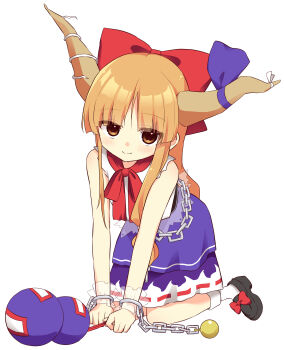 Rule 34 | 144udy, 1girl, ball and chain restraint, black shoes, blonde hair, blush, bow, bowtie, brown horns, closed mouth, commentary request, footwear bow, gourd, hair bow, highres, horn ornament, horn ribbon, horns, ibuki suika, kneeling, long hair, oni, orange eyes, purple skirt, red bow, red bowtie, ribbon, ribbon-trimmed skirt, ribbon trim, shirt, shoes, simple background, skirt, smile, socks, solo, touhou, white background, white shirt, white socks