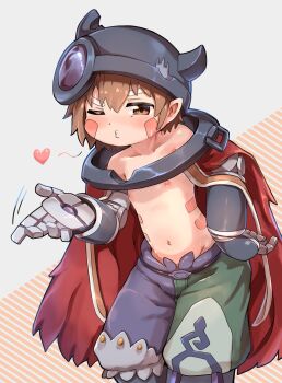 Rule 34 | 1boy, aq gohan, blowing kiss, brown eyes, cape, collarbone, facial mark, fake horns, green shorts, hand on own hip, heart, helmet, highres, horned helmet, horns, looking at viewer, made in abyss, male focus, mechanical arms, multicolored shorts, navel, nipples, o3o, one eye closed, patterned background, purple shorts, red cape, reg (made in abyss), robot, short hair, shorts, solo, standing, striped background, topless male