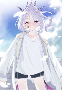 1girl asupa_mayo0210 bad_link bicycle bike_shorts black_shorts blue_archive blue_sky cloud day demon demon_girl forehead halo happy highres hina_(blue_archive) horns jacket looking_at_viewer open_clothes open_jacket open_mouth outdoors oversized oversized_jacket purple_eyes purple_hair shirt short_hair shorts sky smile solo white_jacket white_shirt