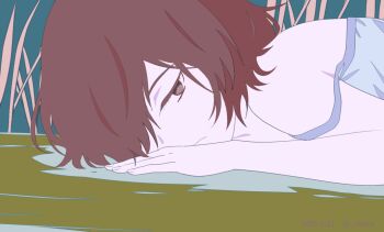 1girl blue_dress blue_shirt boku_dake_ga_inai_machi brown_eyes brown_hair closed_mouth colored_skin commentary_request dress eyelashes frown hinazuki_kayo looking_at_viewer lying mairu_(582284310) on_stomach pale_skin shirt short_hair solo upper_body white_skin