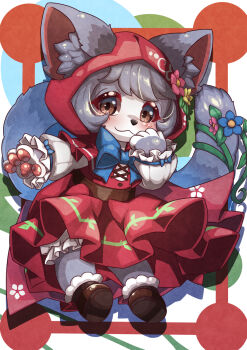 1girl :3 animal_ear_fluff animal_ears animal_hands belt blue_bow blue_bowtie blue_flower blush boots bow bowtie brown_belt brown_boots brown_eyes capelet cat_busters cat_ears cat_girl cat_tail commentary dress ekaryi_(cat_busters) flower full_body fur-trimmed_boots fur_trim furry furry_female grey_hair hair_flower hair_ornament highres hood hood_up hooded_capelet hukurou693 inward_flipped_hair long_sleeves looking_at_viewer outstretched_arm pawpads pink_flower red_capelet red_dress short_hair smile solo tail tail_flower tail_ornament yellow_flower