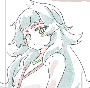 1girl blunt_bangs blush green_eyes green_hair hiyajou_maho jacket_over_dress looking_at_viewer messy_hair narrowed_eyes sadarann science_adventure simple_background solo steins;gate steins;gate_0 upper_body white_background