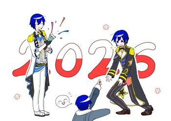 2026 3boys belt black_coat black_gloves black_pants blue_eyes blue_hair blue_nails brown_shoes buttons closed_eyes closed_mouth coat collared_shirt contrast_lapels double-breasted epaulettes flying_sweatdrops full_body gloves grey_jacket grey_vest hair_between_eyes half_gloves hand_up hands_up headset highres holding holding_party_popper hood hood_down hoodie jacket kaito_(vocaloid) lapels long_sleeves male_focus microphone more_more_jump!_kaito multiple_boys multiple_persona nail_polish open_clothes open_coat open_mouth pants party_popper project_sekai reaching reaching_towards_another ryoseiperiodo shirt shoes short_hair sidelocks simple_background sleeves_past_wrists sleeves_rolled_up spoken_smile standing star_(symbol) star_print striped_clothes striped_pants sweatdrop two-sided_coat two-sided_fabric very_short_hair vest vivid_bad_squad_kaito vocaloid white_background white_coat white_hoodie white_pants white_shirt white_shoes wonderlands_x_showtime_kaito