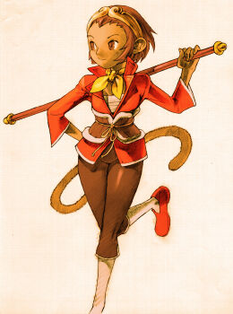 ascot bengus brown_eyes brown_hair capcom highres marvel marvel_vs._capcom marvel_vs._capcom_2 monkey official_art sarashi short_hair smile sonson staff tail