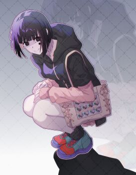 1girl bag black_eyes black_hair black_hoodie black_socks black_sweater closed_mouth crouching hoodie isshou_senkin lanhei looking_at_viewer pink_shorts pink_sleeves shinonome_rei_(isshou_senkin) shoes short_hair shorts smile sneakers socks solo star_(symbol) sweater