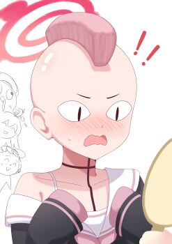 Rule 34 | !, !!, absurdres, alternate hair length, alternate hairstyle, blue archive, blush, character request, collarbone, commentary, embarrassed, english commentary, halo, hand mirror, highres, holding, holding mirror, koharu (blue archive), looking at reflection, mirror, mohawk, no wings, open mouth, pink hair, short hair, single bare shoulder, sleeves past fingers, sleeves past wrists, slit pupils, solo focus, stryx, surprised, sweatdrop, very short hair, wavy mouth, white background