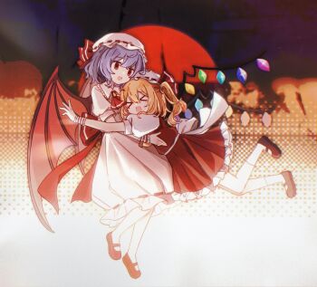 Rule 34 | > <, 2girls, ascot, back bow, bat wings, blonde hair, blue hair, bow, brown shoes, chinese commentary, commentary request, crystal, crystal wings, fby1313133, flandre scarlet, frilled skirt, frills, full moon, hat, hat ribbon, highres, hug, mary janes, mob cap, moon, multicolored wings, multiple girls, one side up, open mouth, pink hat, puffy short sleeves, puffy sleeves, red ascot, red eyes, red moon, red shoes, red skirt, red vest, remilia scarlet, ribbon, ribbon-trimmed skirt, ribbon trim, shoes, short sleeves, siblings, sisters, skirt, skirt set, smile, touhou, vest, white bow, white hat, wings, wrist cuffs, yellow ascot