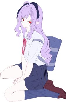1girl absurdres ahoge alternate_costume bag black_skirt black_socks blush brown_shoes closed_mouth commentary from_side headdress highres loafers long_hair looking_at_viewer looking_to_the_side momorin_(choco030309) pointy_ears purple_hair red_eyes school_bag shirt shoes shoulder_bag sidelocks simple_background sitting skirt socks solo thighs vivian_banshee wariza white_background white_shirt zenless_zone_zero