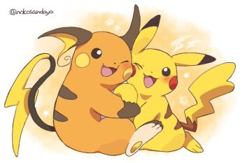 Rule 34 | ;d, black eyes, cheek-to-cheek, commentary request, evolutionary line, full body, gen 1 pokemon, heads together, looking at viewer, nintendo, no humans, one eye closed, open mouth, pikachu, pokemon, pokemon (creature), raichu, roku (rokkrn), smile, twitter username, white background