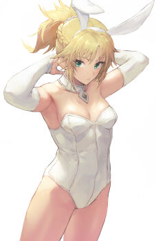 Rule 34 | 1girl, armpits, arms up, bare legs, bare shoulders, blonde hair, braid, breasts, cleavage, closed mouth, collar, elbow gloves, fate/apocrypha, fate (series), gloves, green eyes, half up braid, highres, leotard, long hair, looking at viewer, miyamoto satoru, mordred (fate), mordred (fate/apocrypha), parted bangs, playboy bunny, ponytail, rabbit ears, revision, scrunchie, sidelocks, small breasts, solo, white collar, white gloves, white leotard, white scrunchie