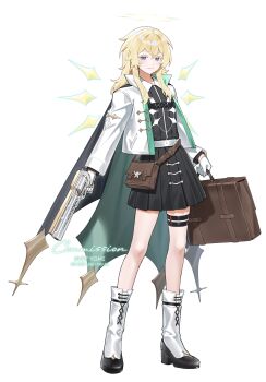 1girl absurdres artist_name bag black_shirt black_skirt blue_eyes boots borrowed_character briefcase commentary commission english_commentary gun handgun highres holding holding_briefcase holding_gun holding_weapon jacket knee_boots long_sleeves open_clothes open_jacket original revolver shirt skirt smile solo svet_yomi watermark weapon white_boots white_jacket