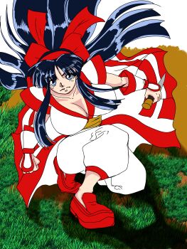 Rule 34 | 1girl, absurdres, ainu clothes, blue eyes, blue hair, breasts, cleavage, fighting stance, hair ribbon, highres, huge breasts, kneeling, large breasts, legs, long hair, looking at viewer, nakoruru, pants, ribbon, samurai spirits, serious, snk, solo, the king of fighters, thighs