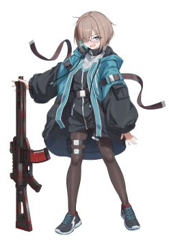 1girl black_pantyhose black_shoes blush brown_hair check_copyright collared_jacket commission copyright_request full_body grey_eyes gun hair_over_one_eye highres holding holding_gun holding_weapon jacket kamo_ashi long_sleeves looking_at_viewer medium_hair nose_blush original pantyhose shoes side_part skeb_commission sneakers solo standing weapon white_background