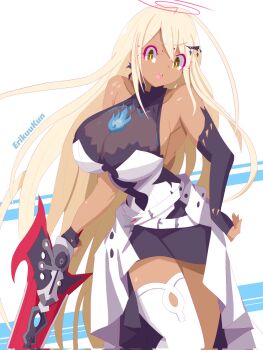 Rule 34 | 1girl, alternate costume, black bodysuit, black gloves, black shorts, bodysuit, breasts, cleavage, cosplay, dress, elbow gloves, elizabeth rose bloodflame, elizabeth rose bloodflame (1st costume), elizabeth rose bloodflame (cosplay), erikuukun, fingerless gloves, fire on chest, gloves, highres, holding, holding sword, holding weapon, hololive, hololive english, large breasts, limiter (tsukumo sana), long hair, looking at viewer, open mouth, shorts, single thighhigh, solo, sword, teeth, thighhighs, thorn (elizabeth rose bloodflame), tsukumo sana, upper teeth only, very long hair, virtual youtuber, weapon, white dress, white thighhighs, yellow eyes