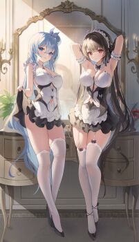 2girls absurdres arm_garter armpits arms_behind_head arms_up bare_shoulders black_dress black_hair black_shoes blue_eyes blue_hair breasts bright_pupils cleavage closed_mouth clothes_lift clothing_cutout commission dress dress_lift frilled_dress frills garter_straps hair_ribbon hair_rings high_heels highres large_breasts lifting_own_clothes long_hair looking_at_viewer multiple_girls navel navel_cutout original red_eyes ribbon rie_(mirae_yang) ryu_o second-party_source shoes sleeveless sleeveless_dress smile thighhighs thighs very_long_hair white_thighhighs yuksi_(yuksi) zettai_ryouiki