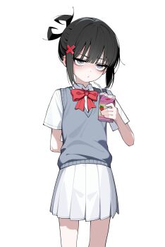 1girl absurdres anomarasu arm_behind_back bare_arms bare_legs black_hair bow bowtie commentary drinking_straw earclip grey_eyes grey_vest hair_ornament hairclip highres holding holding_milk_carton looking_at_viewer milk_carton original pleated_skirt red_bow red_bowtie shirt short_sleeves simple_background skirt solo strawberry_milk symbol-only_commentary vest white_background white_shirt white_skirt x_hair_ornament
