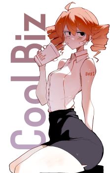 1girl absurdres ahoge arm_tattoo black_eyes black_skirt blush breasts commentary_request cup disposable_cup drill_hair drinking drinking_straw english_text highres kasane_teto number_tattoo office_lady pencil_skirt red_hair shirt simple_background sitting skirt sleeveless sleeveless_shirt solo sweatdrop tattoo twin_drills utau versailles0628 white_background white_shirt