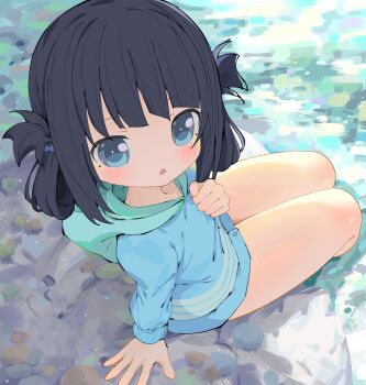 1girl absurdres black_hair blue_eyes blue_shirt blush deformed from_side highres kou_koufu looking_at_viewer nagi_no_asukara shiodome_miuna shirt sitting solo thighs wading