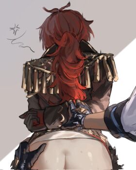 2boys anger_vein arms_behind_back ass black_gloves diluc_(genshin_impact) from_behind genshin_impact gloves hand_on_another&#039;s_hip highres inseki kaeya_(genshin_impact) long_hair male_focus multiple_boys partially_fingerless_gloves ponytail pov red_eyes red_hair sex sex_from_behind spoken_anger_vein sweat yaoi zehuij