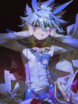 Rule 34 | 1boy, alien 888, antenna hair, arms up, bags under eyes, belt, belt pouch, black shirt, blood, blood from mouth, blood on face, blue belt, clenched teeth, coat, constricted pupils, covering own ears, eyes visible through hair, facial mark, facing viewer, gradient background, green eyes, grimace, hair between eyes, hair slicked back, half-closed eye, hands on own face, hands on own head, highres, injury, long sleeves, looking ahead, male focus, mismatched pupils, pain, pouch, red background, scabbard, sheath, sheathed, shirt, spiked hair, stress, sword, teeth, weapon, white coat, wide-eyed, wind, yu-gi-oh!, yu-gi-oh! go rush!!, yudias velgear