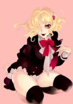 10s 1girl blonde_hair bow bowtie diabolik_lovers fang female_focus hair_ornament hair_over_one_eye hairpin jacket komori_yui looking_at_viewer nozoki_davis open_mouth pink_eyes school_uniform sharp_nails simple_background skirt solo thighhighs thighs zettai_ryouiki