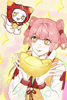 +_+ 1girl ahoge animal blunt_bangs bow bow-shaped_hair bowtie braid braided_hair_rings brown_eyes cat chinese_clothes chinese_commentary chinese_new_year cloak closed_mouth clothed_animal collared_vest colorful_background commentary_request ear_covers fur-trimmed_shirt fur_trim hair_rings hair_tubes happy highres holding hood hood_up hooded_cloak infinity_nikki lipstick long_hair long_sidelocks long_sleeves makeup momo_(nikki) new_bloom_blessings_(infinity_nikki) nikki_(nikki) nikki_(series) object_request official_alternate_costume open_mouth pawpads pink_hair pink_lips puffy_long_sleeves puffy_sleeves red_cloak shirt sidelocks smile sparkle sparkling_eyes teeth traditional_bowtie upper_body upper_teeth_only vest whiskers white_cat white_shirt yellow_bow yellow_bowtie yellow_vest yonghu_zhai_xiaocao