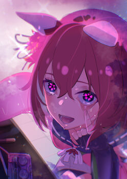 1girl absurdres animal_ears cherry_blossoms commentary_request contact_lens contact_lens_case detached_sleeves doushi_tatsu_to_dekkai_no ear_covers eyelid_pull fingerless_gloves flower flower-shaped_pupils glasses gloves hair_flaps hair_flower hair_ornament highres horse_girl looking_at_viewer open_mouth pink_sleeves sakura_chiyono_o_(hinoshita_kaisan_hana_akari)_(umamusume) sakura_chiyono_o_(umamusume) smile solo symbol-shaped_pupils umamusume