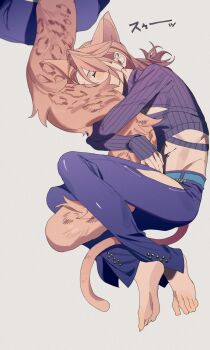 2boys animal_ears barefoot blue_pants braid braided_ponytail cat_boy cat_ears closed_eyes clothing_cutout crop_top diavolo from_side highres hug hymkky3 jojo_no_kimyou_na_bouken kemonomimi_mode leopard_tail male_focus midriff multiple_boys out_of_frame pants pink_fur pink_hair ponytail purple_pants purple_sweater ribbed_sweater simple_background spotted_fur sweater tail vento_aureo vinegar_doppio white_background