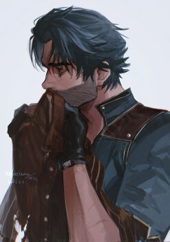 Rule 34 | 1boy, adam's apple, arcane: league of legends, arcane survivor jayce, arm up, black gloves, black hair, blessarevvv, blue jacket, brown eyes, collared jacket, commentary, english commentary, facial hair, from side, gloves, highres, holding, holding unworn clothes, holding unworn jacket, jacket, jayce (league of legends), league of legends, male focus, open collar, popped collar, simple background, sleeves rolled up, smelling, smelling clothes, solo, unworn jacket, white background