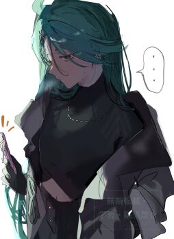 ... 1girl black_gloves black_pants black_shirt candy closed_mouth clothing_cutout commentary_request food gloves green_hair grey_jacket hand_in_pocket highres holding holding_candy holding_food jacket jewelry long_hair looking_at_viewer midriff navel navel_cutout necklace nintendo official_alternate_costume official_alternate_hairstyle pants pokemon pokemon_sv red_eyes rika_(palentine's_2026)_(pokemon) rika_(pokemon) shirt signature simple_background solo solo_focus speech_bubble sweatdrop turtleneck ume_(ume_445) valentine white_background