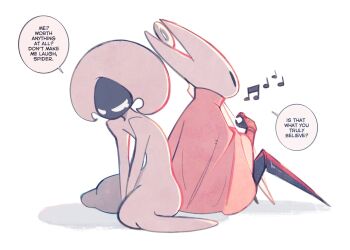 Rule 34 | 2girls, ange (angeban93), arthropod girl, back-to-back, black eyes, black skin, blank eyes, bodysuit, cloak, colored skin, english text, full body, hashtag-only commentary, hat, highres, hollow eyes, hollow knight, hollow knight: silksong, horned mask, hornet (hollow knight), horns, lace (hollow knight), mask, multiple girls, musical note, needolin (hollow knight), red cloak, sad, sitting, speech bubble, white eyes, white hat, white mask