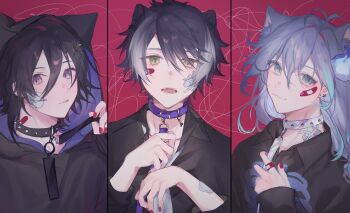 10_io 3boys :3 animal_ear_hood animal_ears animal_hood antenna_hair bandaid bandaid_on_face bandaid_on_finger bandaid_on_hand black_collar black_hair black_hoodie black_shirt blue_hair blue_streaks cat_boy cat_ears cat_hood cat_loving_(cevio) collar collared_shirt column_lineup ear_piercing fake_animal_ears fangs gauze gauze_on_arm gauze_on_cheek gauze_on_neck grey_eyes hair_ornament hairclip highres hitodama holding_own_leash holostars hood hoodie jackal_boy jackal_ears kageyama_shien kanade_izuru kemonomimi_mode leash long_hair male_focus minase_rio multicolored_hair multiple_boys nail_polish open_mouth piercing purple_collar purple_eyes purple_hair red_background red_nails shirt short_hair spiked_collar spikes studded_collar upper_body virtual_youtuber white_collar white_hair yellow_eyes