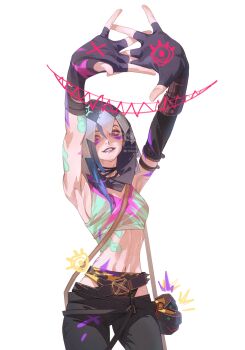 1girl absurdres arcane:_league_of_legends arcane_fractured_jinx arcane_jinx arm_tattoo armpits arms_up artist_name asymmetrical_gloves belt_buckle black_gloves black_pants blue_hair breasts buckle cloud_tattoo commentary_request commission cowboy_shot crop_top drawn_smile elbow_gloves explosive fingerless_gloves gloves grenade highres hood hood_up jinx_(league_of_legends) league_of_legends looking_at_viewer navel outstretched_arms own_hands_together pants parted_lips pink_eyes sideboob simple_background solo stomach_tattoo tank_top tattoo teeth wengwengchim white_background