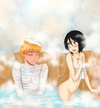 Rule 34 | 1boy, 1girl, absurdres, ass, bandages, bare shoulders, black hair, bleach, bleach: sennen kessen-hen, blush, breasts, brown eyes, closed eyes, covering privates, embarrassed, flat chest, hair between eyes, hand on ass, hands on shoulders, hetero, highres, kiss, kuchiki rukia, kurosaki ichigo, mixed-sex bathing, nude, object on head, onsen, open mouth, orange hair, purple eyes, shared bathing, short hair, sideboob, steam, sweatdrop, towel, towel on head, water, yuria-chu