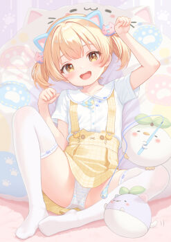1girl animal_ear_hairband animal_ears blonde_hair blush cat_ear_hairband cat_ears center-flap_bangs collarbone collared_shirt commentary_request creature crotch_seam fake_animal_ears grid_print hairband hands_up highres loli looking_at_viewer miniskirt no_shoes open_mouth original panties pantyshot paw_pose print_panties rebun shirt short_hair short_sleeves short_twintails skirt smile solo spread_legs suspender_skirt suspenders thighhighs twintails underwear white_shirt white_thighhighs yellow_eyes yellow_skirt