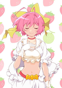 Rule 34 | 1girl, absurdres, antenna hair, arm at side, belt, belt buckle, blush, bow, breasts, buckle, choker, closed eyes, closed mouth, collarbone, commentary request, cowboy shot, crop top, cropped shirt, facing viewer, floating clothes, frilled gloves, frilled jacket, frilled shirt, frills, fruit background, gloves, hair bow, hair intakes, hand on own chest, hand up, highres, jacket, java (jav romance17), kami nomi zo shiru sekai, large bow, large breasts, miniskirt, nakagawa kanon, navel, open clothes, open jacket, pink hair, red belt, red choker, shirt, short hair, short sleeves, skirt, smile, solo, standing, stomach, straight-on, white background, white jacket, white skirt, yellow bow, yellow gloves, yellow shirt