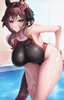 1girl absurdres animal_ears bent_over braid braided_hair_rings breasts brown_hair collarbone commentary_request competition_swimsuit ear_covers gentildonna_(umamusume) hair_between_eyes hair_rings hand_on_own_hip hands_on_own_hips highres horse_ears horse_girl horse_tail large_breasts leaning_forward long_hair looking_at_viewer nazimi_(sickly7) one-piece_swimsuit poolside red_eyes smile solo swimsuit tail thighs umamusume