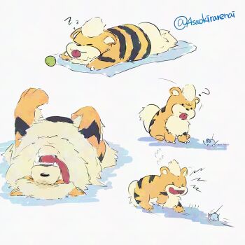 Rule 34 | animal focus, arcanine, asaokirarenai95, ball, barking, claws, evolutionary line, fangs, gen 1 pokemon, growlithe, highres, nintendo, no humans, open mouth, pokemon, pokemon (creature), simple background, sleeping, tongue, tongue out, toy, toy mouse, twitter username, white background, zzz