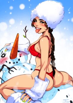 1girl :p absurdres ass blush bra braid breasts carrot commentary english_commentary fur_hat girl_on_top green_nails hat highres large_breasts long_hair melting momdadno nail_polish original panties red_bra red_panties shiny_skin smile snow snowman sweat teeth tongue tongue_out twintails underwear
