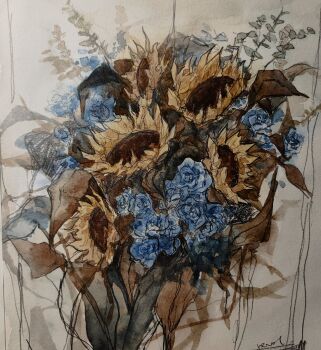blue_flower blue_rose bouquet commentary english_commentary flower flower_request highres no_humans original painting_(medium) plant plant_focus revol4357 rose still_life sunflower traditional_media watercolor_(medium)