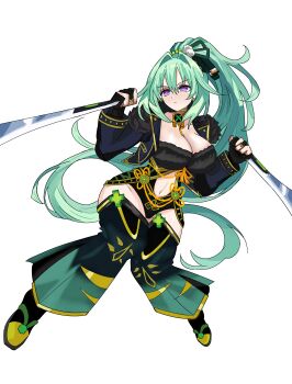 1girl absurdres amadeuslight black_gloves black_jacket black_shoes breasts bright_pupils cleavage closed_mouth clothing_cutout commentary commission cropped_jacket dual_wielding english_commentary eyelashes fingerless_gloves full_body gloves green_hair green_heart_(neptunia) hair_intakes highres holding holding_sword holding_weapon jacket long_hair long_sleeves navel navel_cutout neptune_(series) open_clothes open_jacket pixiv_commission ponytail purple_eyes senran_nin_nin_ninja_taisen_neptune:_shoujo-tachi_no_kyouen shoes simple_background solo stomach_cutout sword thighhighs v-shaped_eyebrows very_long_hair weapon white_background white_pupils zettai_ryouiki