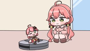 1girl ahoge black_bow blush_stickers bow brown_shorts brown_socks character_doll chibi closed_mouth collared_shirt doll green_eyes hair_between_eyes hair_bow highres hololive indoors long_hair low_twintails mochimiko no_shoes pink_hair pink_shirt ribbon-trimmed_socks ribbon_trim robotic_vacuum_cleaner sakura_miko shirt shorts socks solo squatting twintails very_long_hair virtual_youtuber