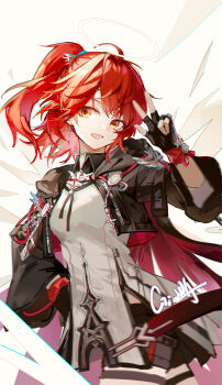 1girl :d absurdres ahoge arknights black_gloves black_jacket black_shorts cape chinese_commentary chromatic_aberration collared_shirt commentary cowboy_shot cropped_jacket earrings energy_wings exusiai_(arknights) exusiai_the_new_covenant_(arknights) fingerless_gloves gloves halo hand_on_own_hip hand_up highres hood hooded_jacket jacket jewelry looking_at_viewer one_side_up open_clothes open_jacket open_mouth red_cape red_eyes shengxianxiaoyupian shirt short_hair short_shorts shorts signature smile solo thigh_strap v white_background white_shirt