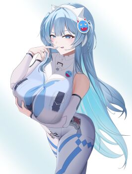 Rule 34 | absurdres, animal ear headphones, animal ears, blue background, blue eyes, blue hair, blue nails, bodypaint, bodysuit, breasts, cat ear headphones, cat ears, closed mouth, commentary request, detached sleeves, fake animal ears, goddess of victory: nikke, headphones, highres, large breasts, long hair, long sleeves, looking at viewer, mekami shifty (nikke), painted clothes, short twintails, simple background, smile, standing, tongue, tongue out, twintails, white background, white bodysuit