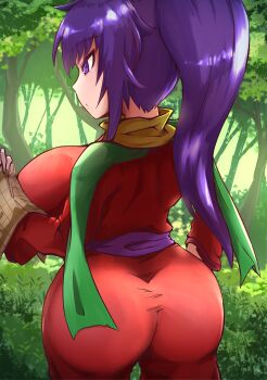 :o absurdres ajura_(kiiroi_kaiten_mokuba) arc_the_lad ass breasts collar focused forest from_behind highres huge_ass japanese_clothes kukuru_(arc_the_lad) large_breasts long_hair map nature outdoors ponytail purple_eyes purple_hair reading sash scarf standing
