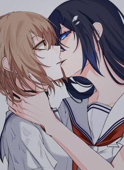 2girls black_hair blue_eyes brown_eyes brown_hair commentary_request eye_contact frieddoughcak10 grey_background hair_ornament hand_on_another's_neck highres imminent_kiss looking_at_another multiple_girls neckerchief oumi_shiori parted_lips red_neckerchief sailor_collar school_uniform serafuku shirt simple_background watashi_wo_tabetai_hitodenashi white_sailor_collar white_shirt yaotose_hinako yuri