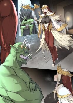 1boy 1girl ass breasts dawalixi goblin highres large_breasts loincloth queen size_difference throne